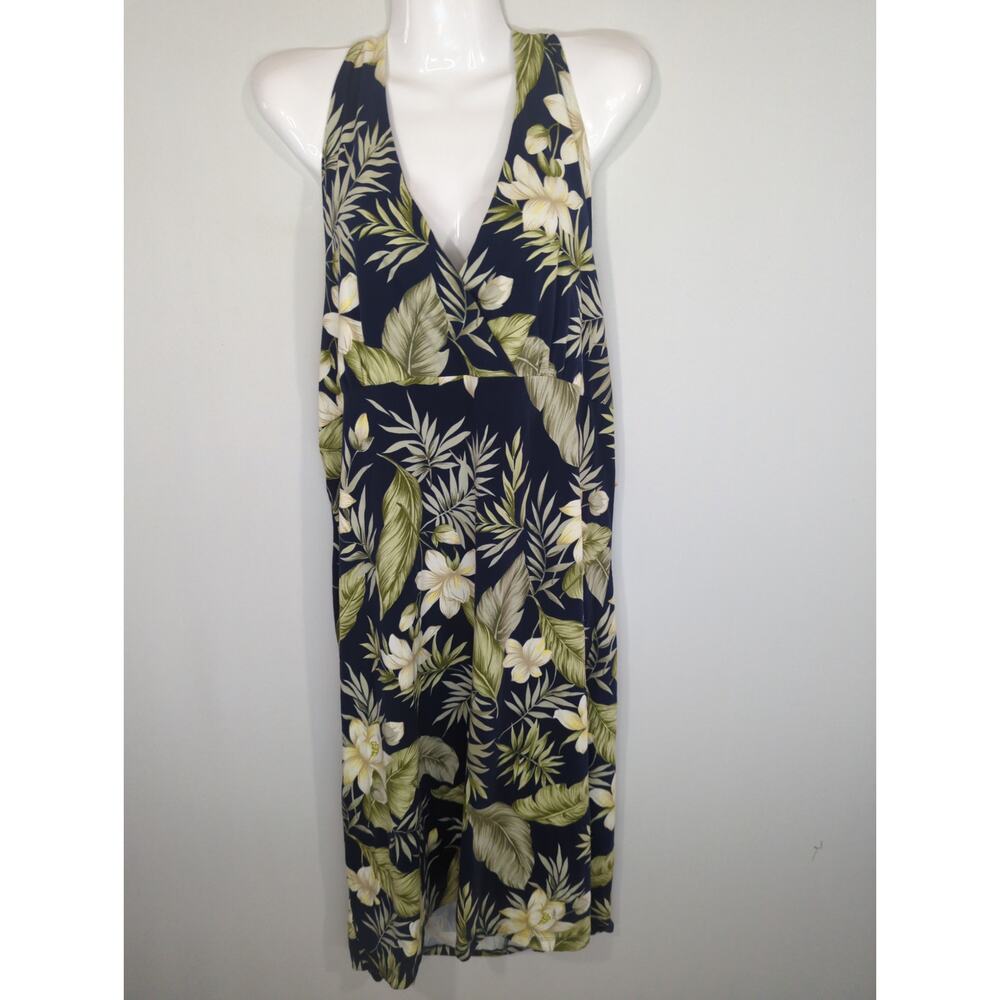 Caribbean Joe Blue Tropical Hawaiian Open Back Halter Midi‎ Dress XL NWT